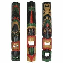 New 👍 Zeckos Set Of 3 Hand Carved 39 Inch Tall Island Style Polynesian Tiki Masks 🔥