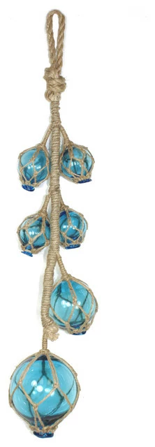 New 💯 MDS Ocean Blue Glass Fishing Floats Buoys On Jute Rope Wall Hanging 26 Inch 👍